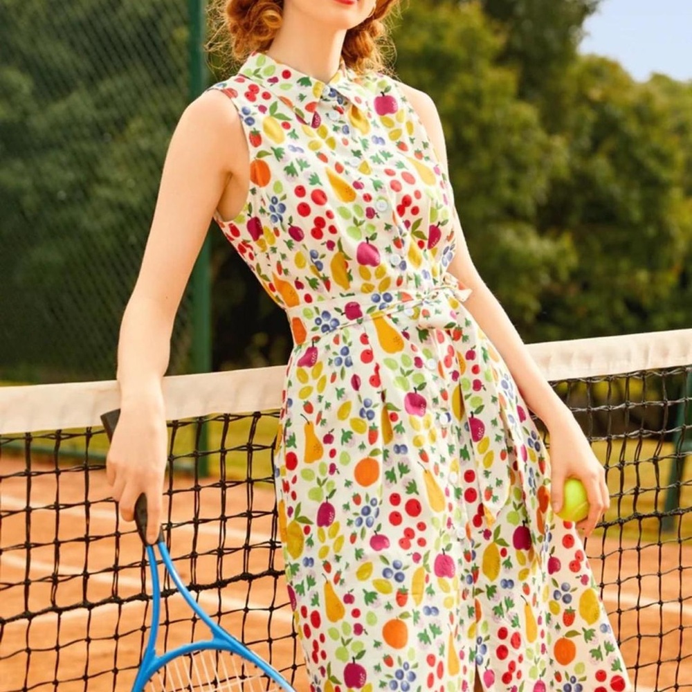 Modcloth Multicolor Fruit Print Midi Dress Swing and a Miss Shirtdress